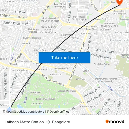 Lalbagh Metro Station to Bangalore map