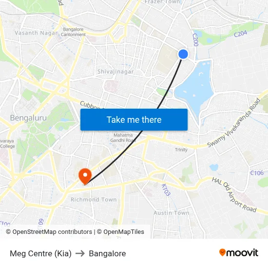 Meg Centre (Kia) to Bangalore map