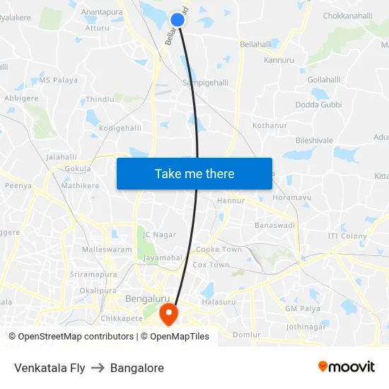 Venkatala Fly to Bangalore map