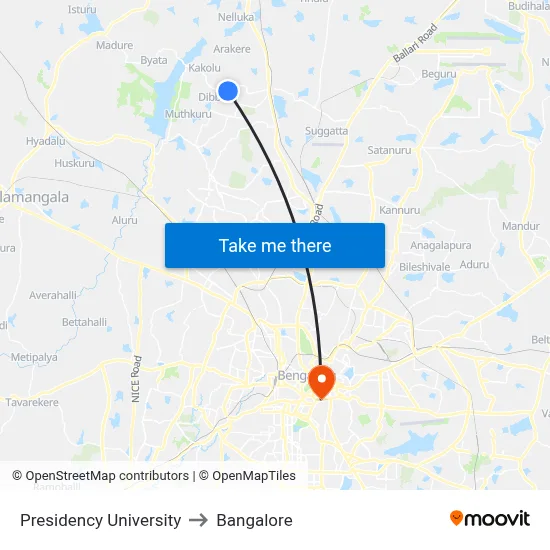 Presidency University to Bangalore map