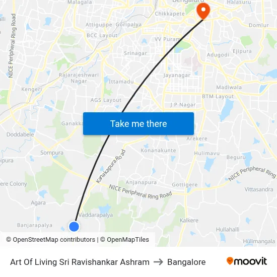 Art Of Living Sri Ravishankar Ashram to Bangalore map