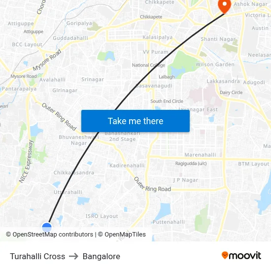 Turahalli Cross to Bangalore map