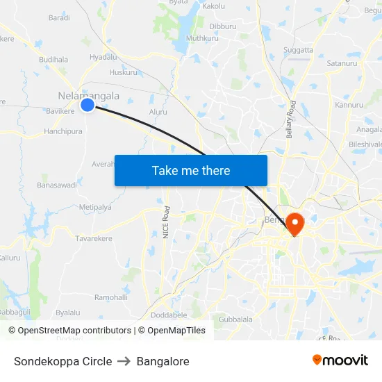 Sondekoppa Circle to Bangalore map