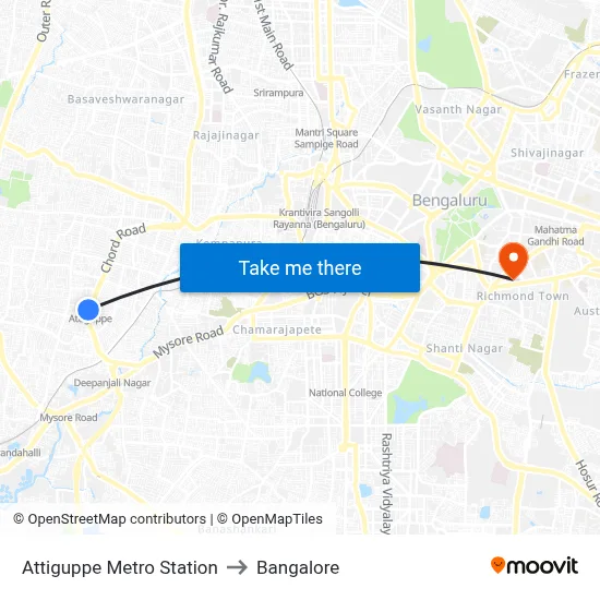Attiguppe Metro Station to Bangalore map