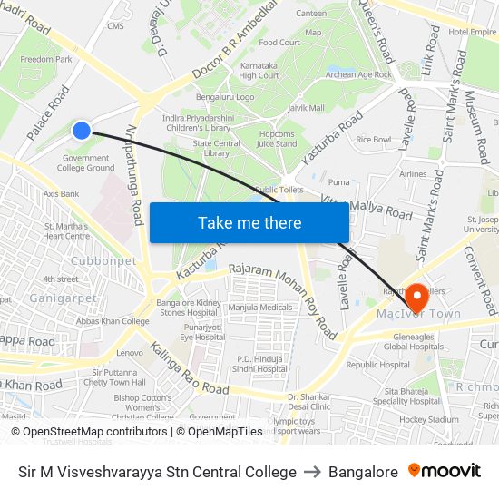 Sir M Visveshvarayya Stn Central College to Bangalore map