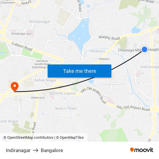 Indiranagar to Bangalore map