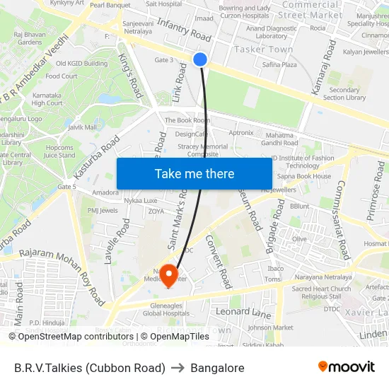 B.R.V.Talkies (Cubbon Road) to Bangalore map