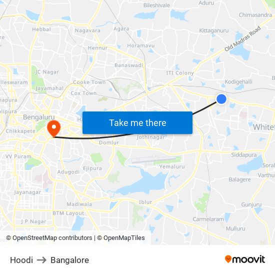 Hoodi to Bangalore map