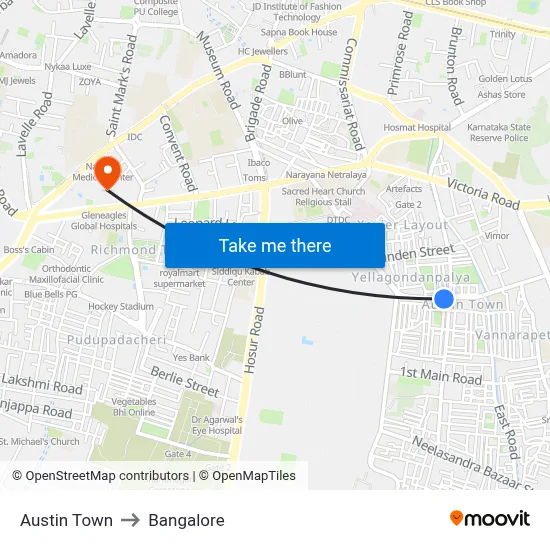 Austin Town to Bangalore map