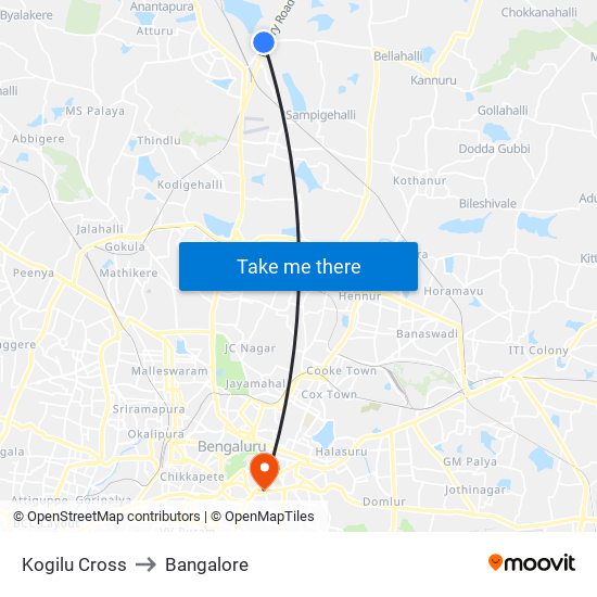 Kogilu Cross to Bangalore map
