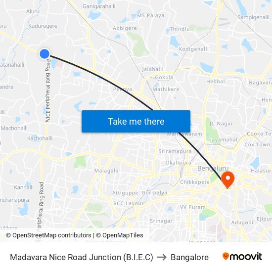 Madavara Nice Road Junction (B.I.E.C) to Bangalore map