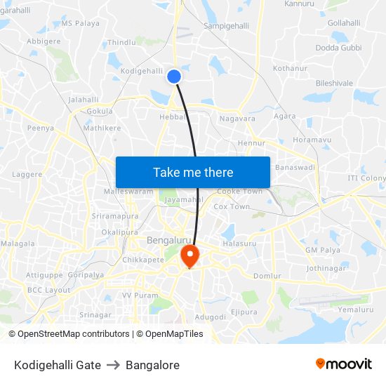 Kodigehalli Gate to Bangalore map