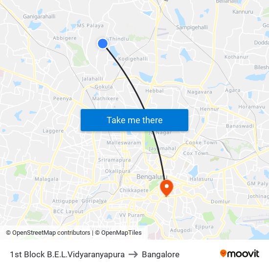 1st Block B.E.L.Vidyaranyapura to Bangalore map