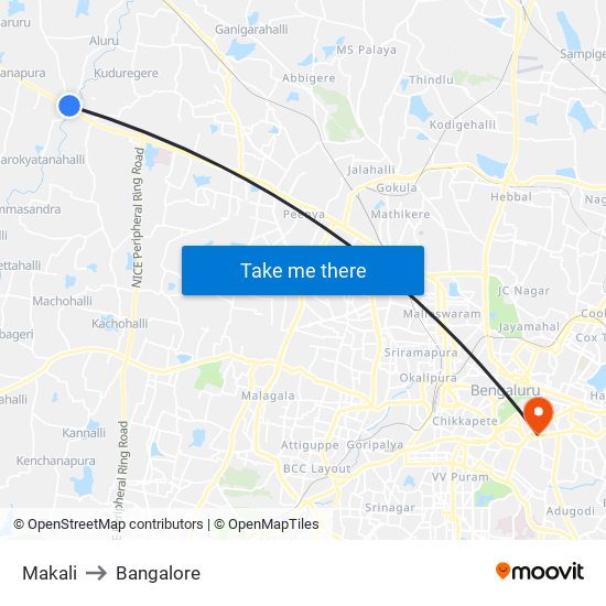 Makali to Bangalore map