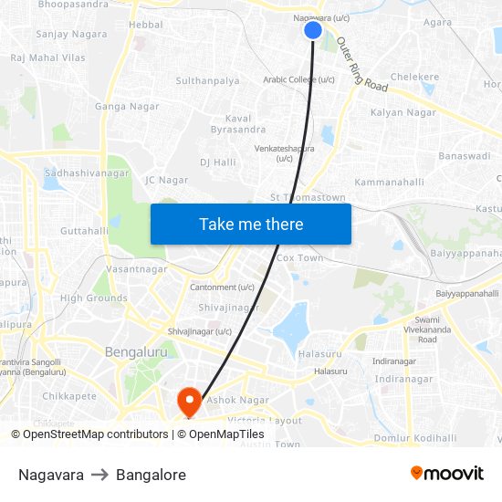 Nagavara to Bangalore map