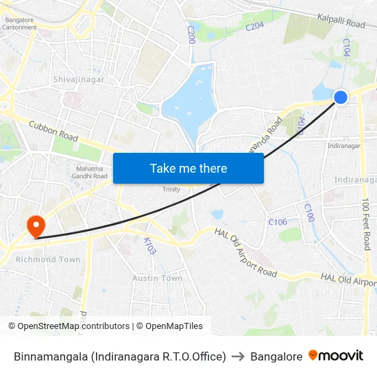 Binnamangala (Indiranagara R.T.O.Office) to Bangalore map