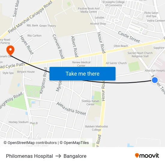 Philomenas Hospital to Bangalore map