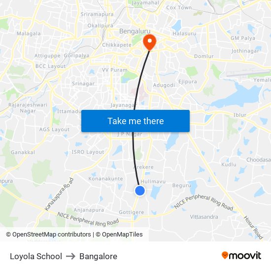 Loyola School to Bangalore map