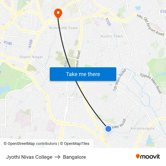 Jyothi Nivas College to Bangalore map
