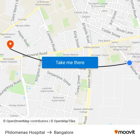 Philomenas Hospital to Bangalore map