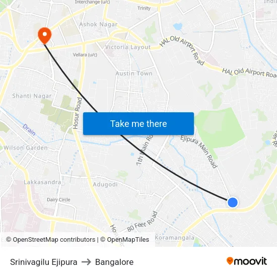 Srinivagilu Ejipura to Bangalore map