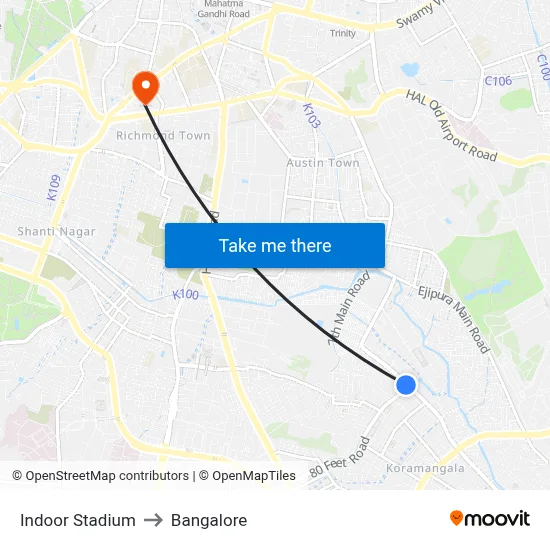 Indoor Stadium to Bangalore map