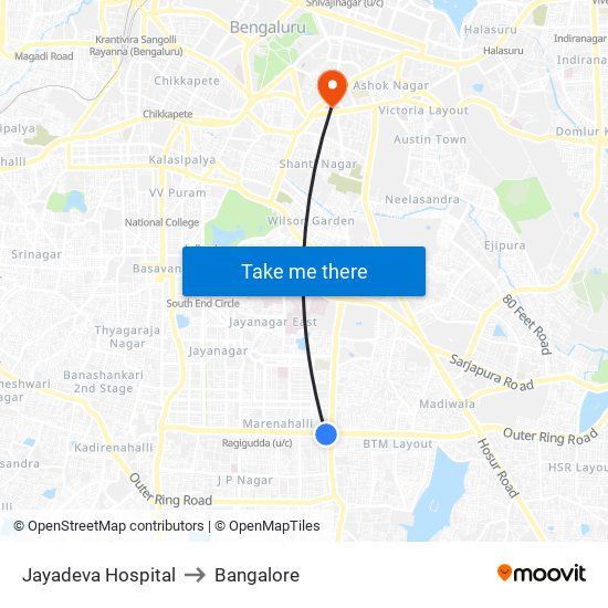 Jayadeva Hospital to Bangalore map