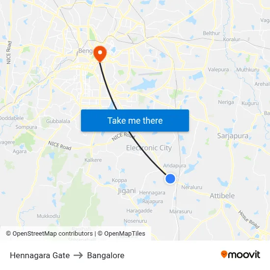 Hennagara Gate to Bangalore map