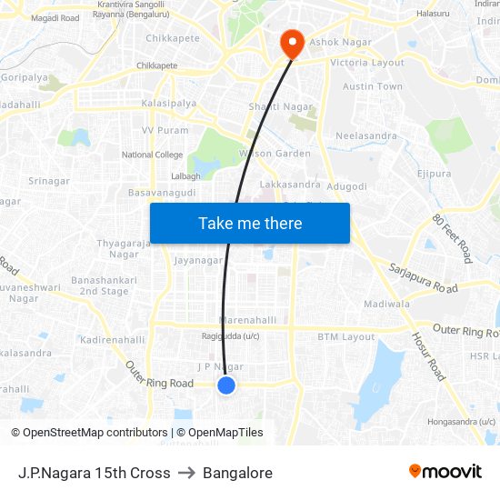 J.P.Nagara 15th Cross to Bangalore map