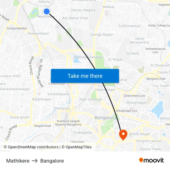 Mathikere to Bangalore map