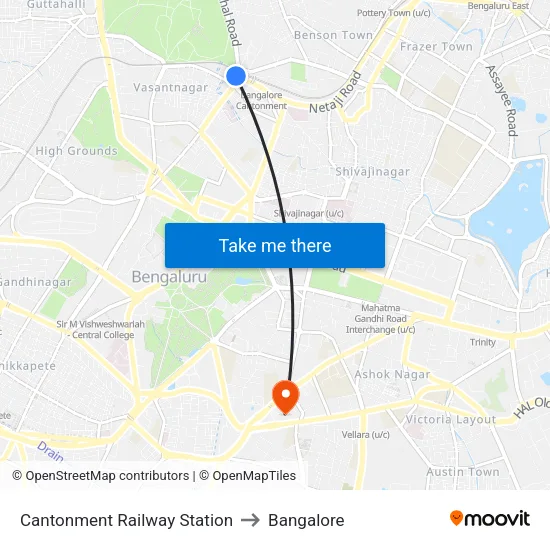 Cantonment Railway Station to Bangalore map