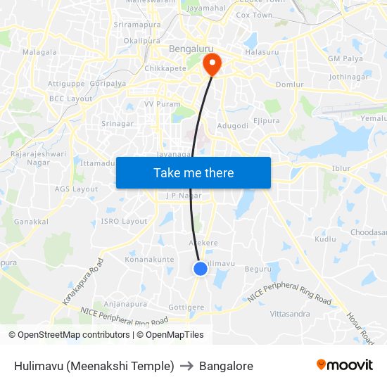 Hulimavu (Meenakshi Temple) to Bangalore map