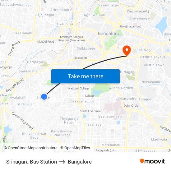 Srinagara Bus Station to Bangalore map
