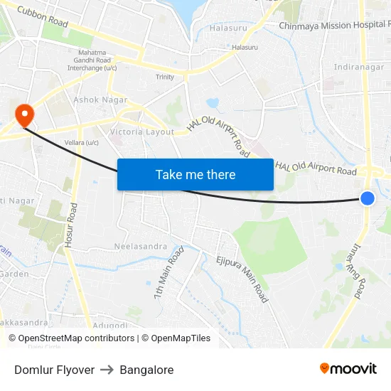 Domlur Flyover to Bangalore map