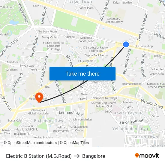 Electric B Station (M.G.Road) to Bangalore map
