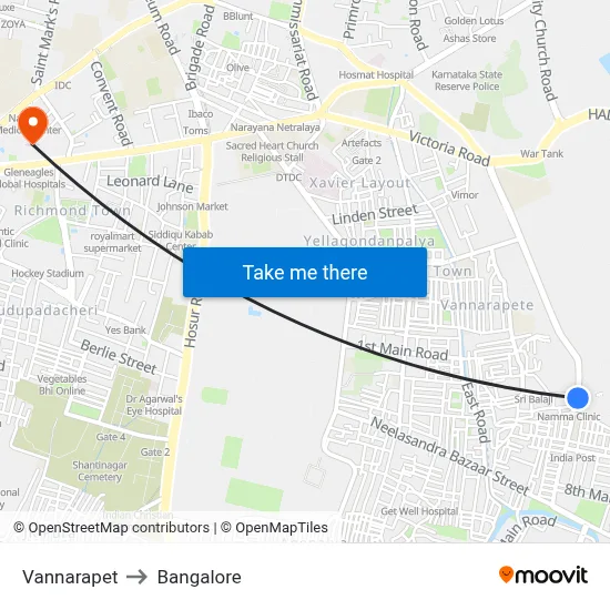 Vannarapet to Bangalore map