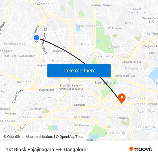1st Block Rajajinagara to Bangalore map