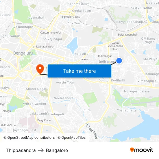 Thippasandra to Bangalore map