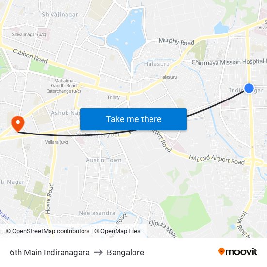 6th Main Indiranagara to Bangalore map