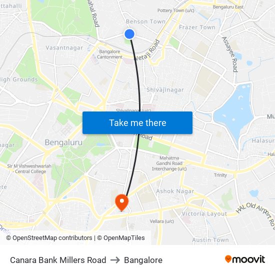 Canara Bank Millers Road to Bangalore map