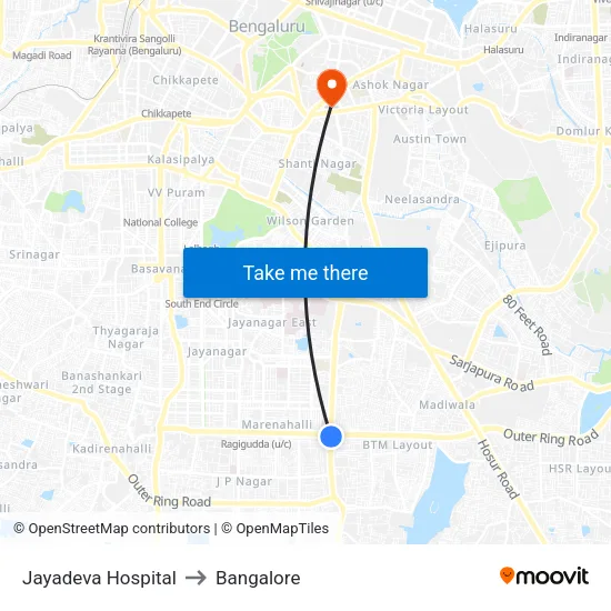 Jayadeva Hospital to Bangalore map