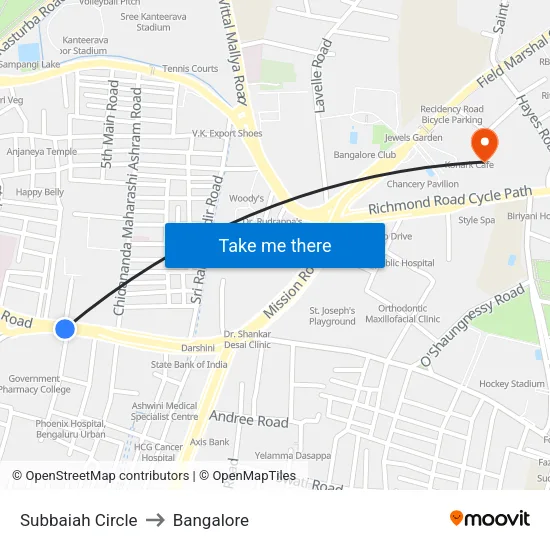 Subbaiah Circle to Bangalore map