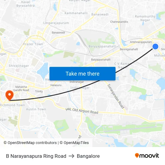 B Narayanapura Ring Road to Bangalore map