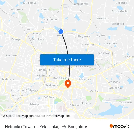 Hebbala (Towards Yelahanka) to Bangalore map