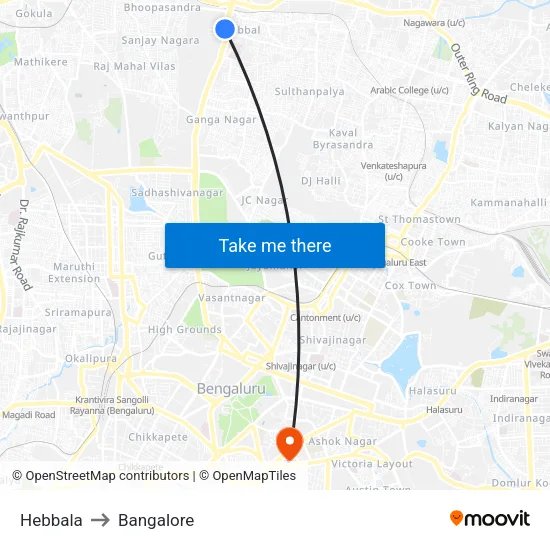 Hebbala to Bangalore map