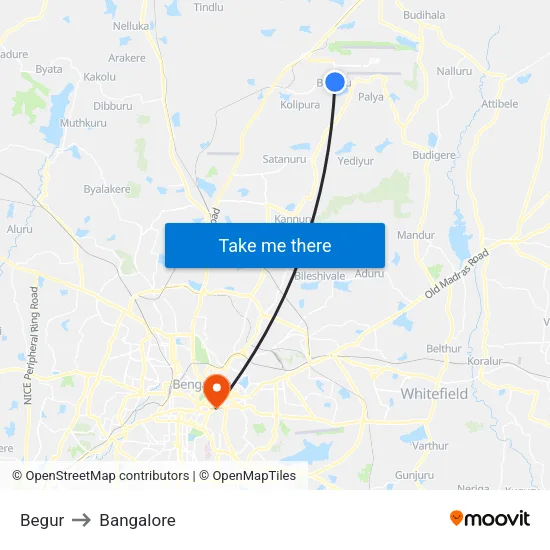 Begur to Bangalore map