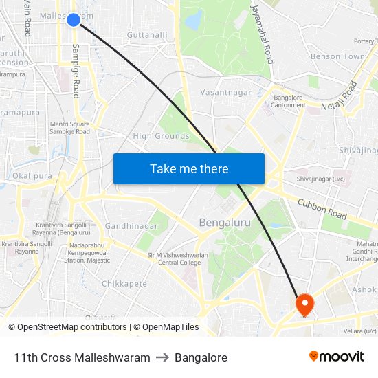 11th Cross Malleshwaram to Bangalore map