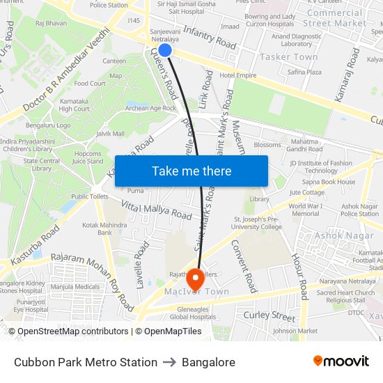 Cubbon Park Metro Station to Bangalore map