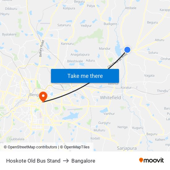 Hoskote Old Bus Stand to Bangalore map