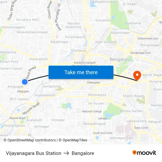 Vijayanagara Bus Station to Bangalore map